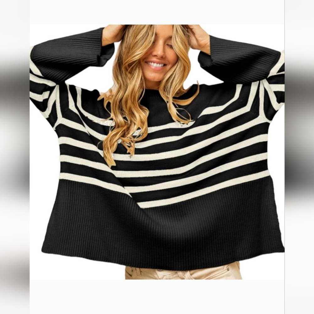 Women's Black Stripe Ribbed Oversized Sweater